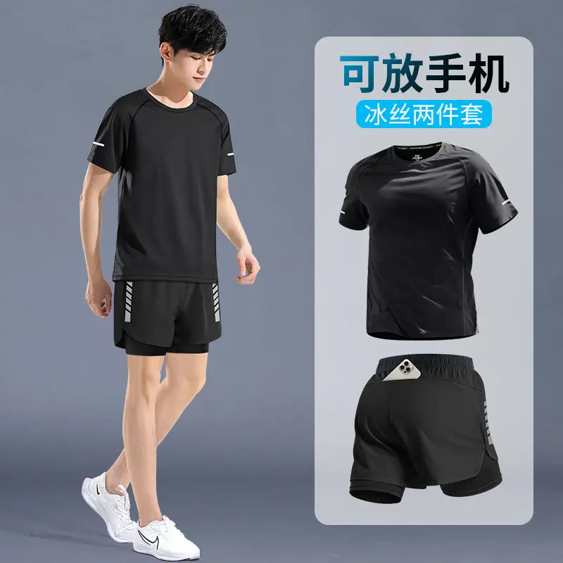 Running Gear Outfit - ชุดกีฬาสำหรับผู้ชายระดับโปร - ชุดฝึกซ้อมมาราธอนพร้อมเสื้อยืดและกางเกงขาสั้นแห้งเร็ว - ชุดวิ่งและออกกำลังกายสำหรับฤดูร้อน